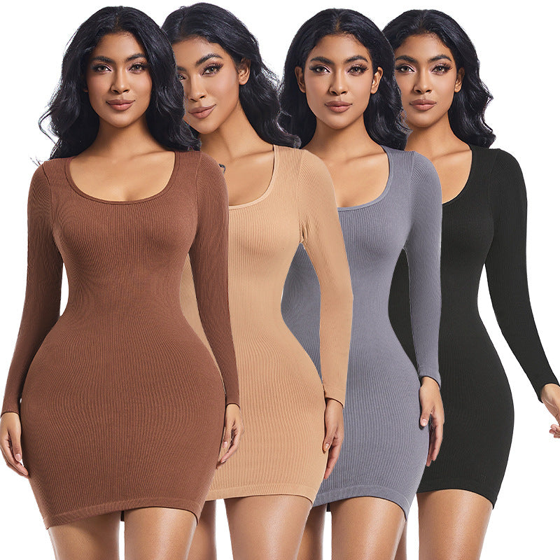Four women wearing brown, beige, gray, and black long-sleeve dresses on a white background.