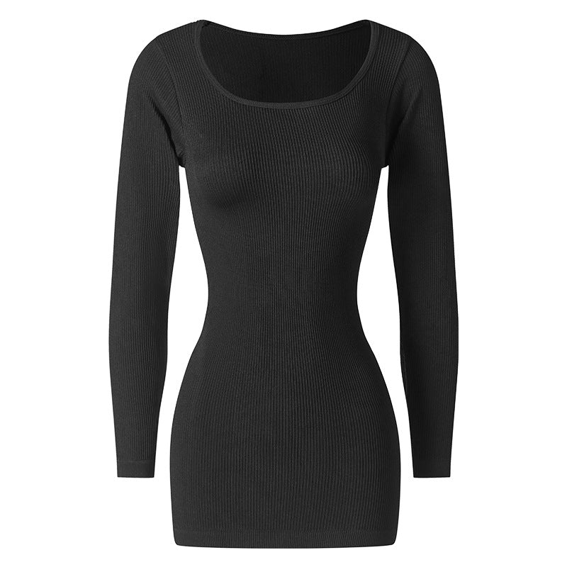 Black ribbed long-sleeve dress on a white background