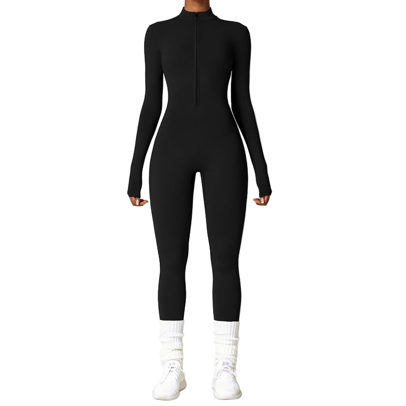 Black jumpsuit worn by a person on a white background