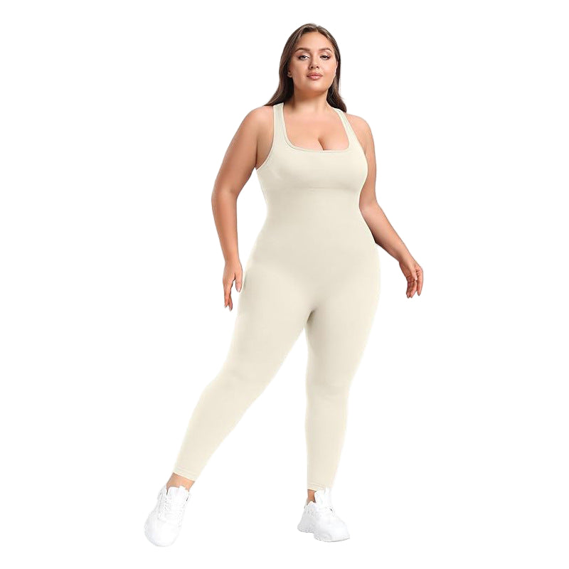 Woman wearing a beige jumpsuit on a white background