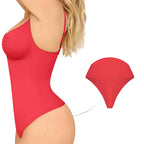 Red thong bodysuit with a close-up of the thong design on a white background.