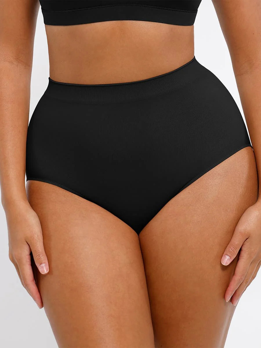 Black high-waisted bikini bottom on a neutral background