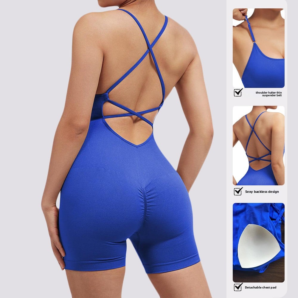 Blue strappy bodysuit with close-up details on a white background