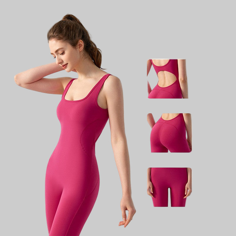 Woman wearing a pink bodysuit with design highlights on a gray background