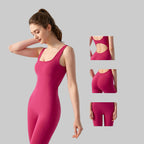 Woman wearing a pink bodysuit with design highlights on a gray background