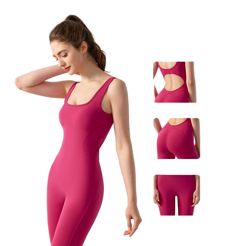 Woman wearing a pink bodysuit with design highlights on a gray background