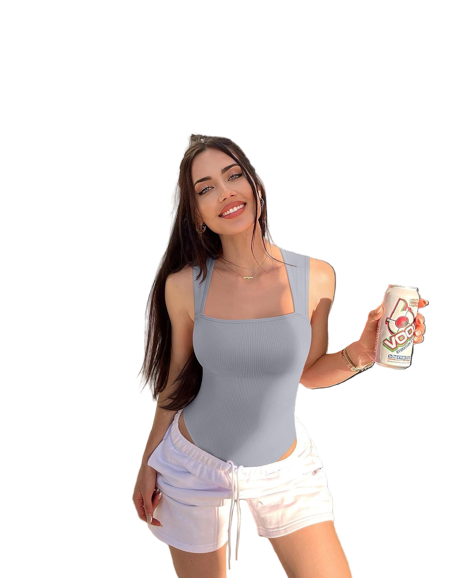 Woman in a gray swimsuit holding a can by a poolside.