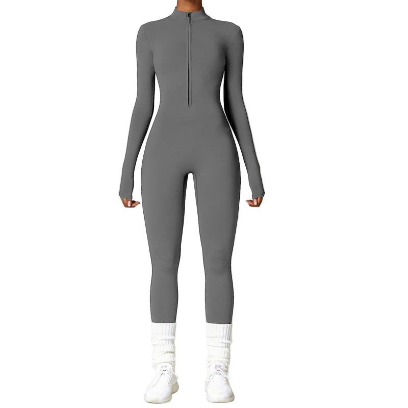 Gray bodysuit worn by a person on a white background