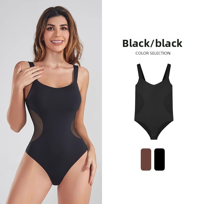 Woman wearing a black bodysuit with color selection options displayed.