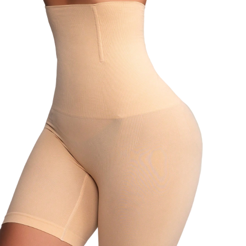 Beige shapewear with icons indicating areas of focus on a light gray background