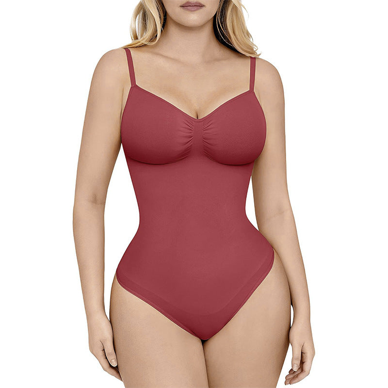burgandy bodysuit worn by a model on a white background
