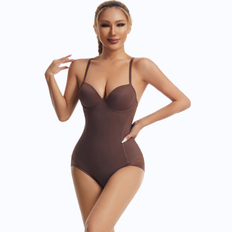 Woman wearing a brown bodysuit on a white background