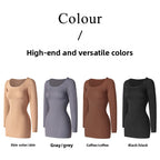 Four long-sleeve dresses in different colors on a white background with text indicating high-end and versatile colors.