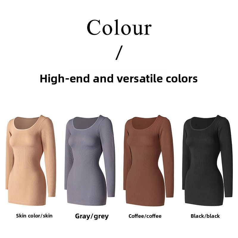 Four long-sleeve dresses in different colors on a white background with text indicating high-end and versatile colors.