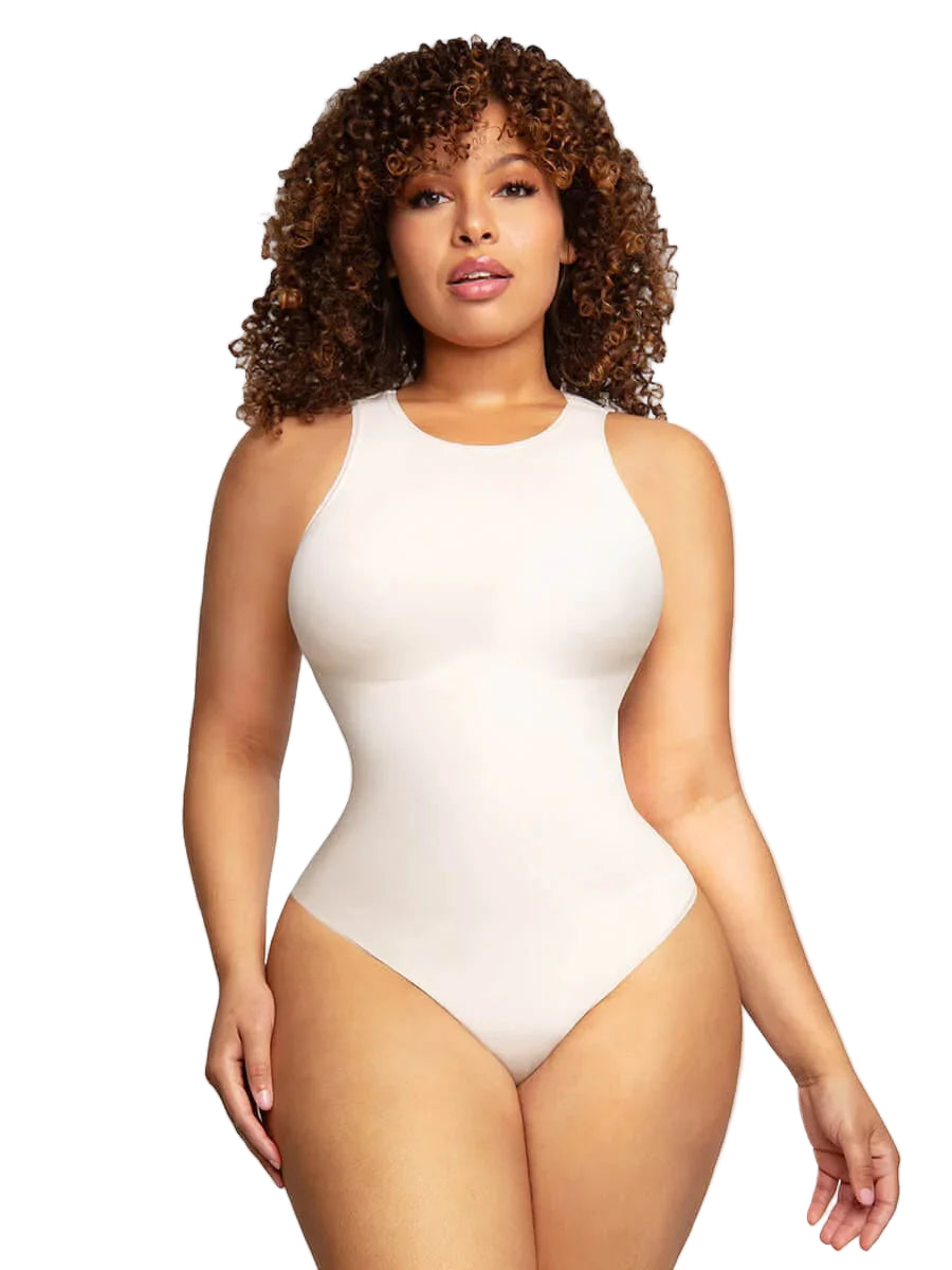 Woman wearing a white bodysuit with 'Global Recycled Standard' logo in the corner.