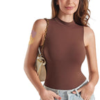 Woman wearing a brown sleeveless top with text about its features on a light gray background