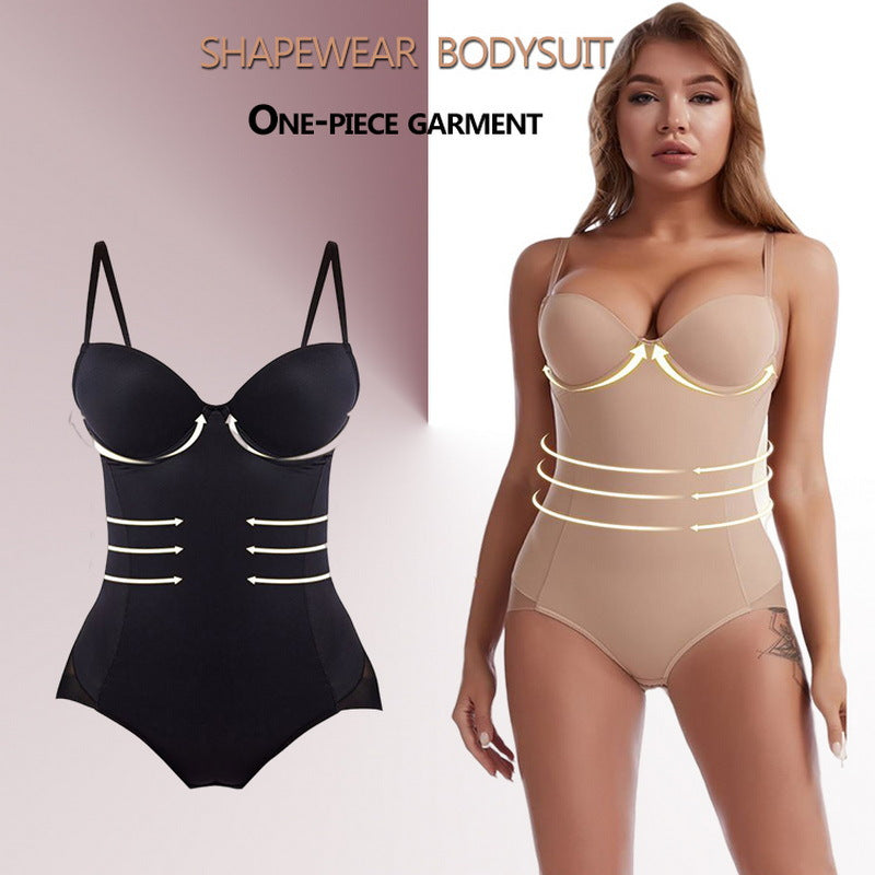 Black and beige shapewear bodysuits with a model wearing the beige one.
