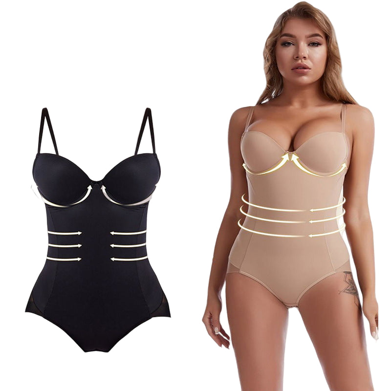 Black and beige shapewear bodysuits with a model wearing the beige one.