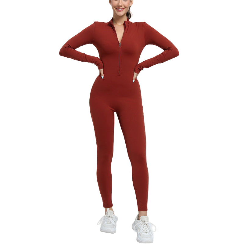 Person wearing a red jumpsuit on a white background