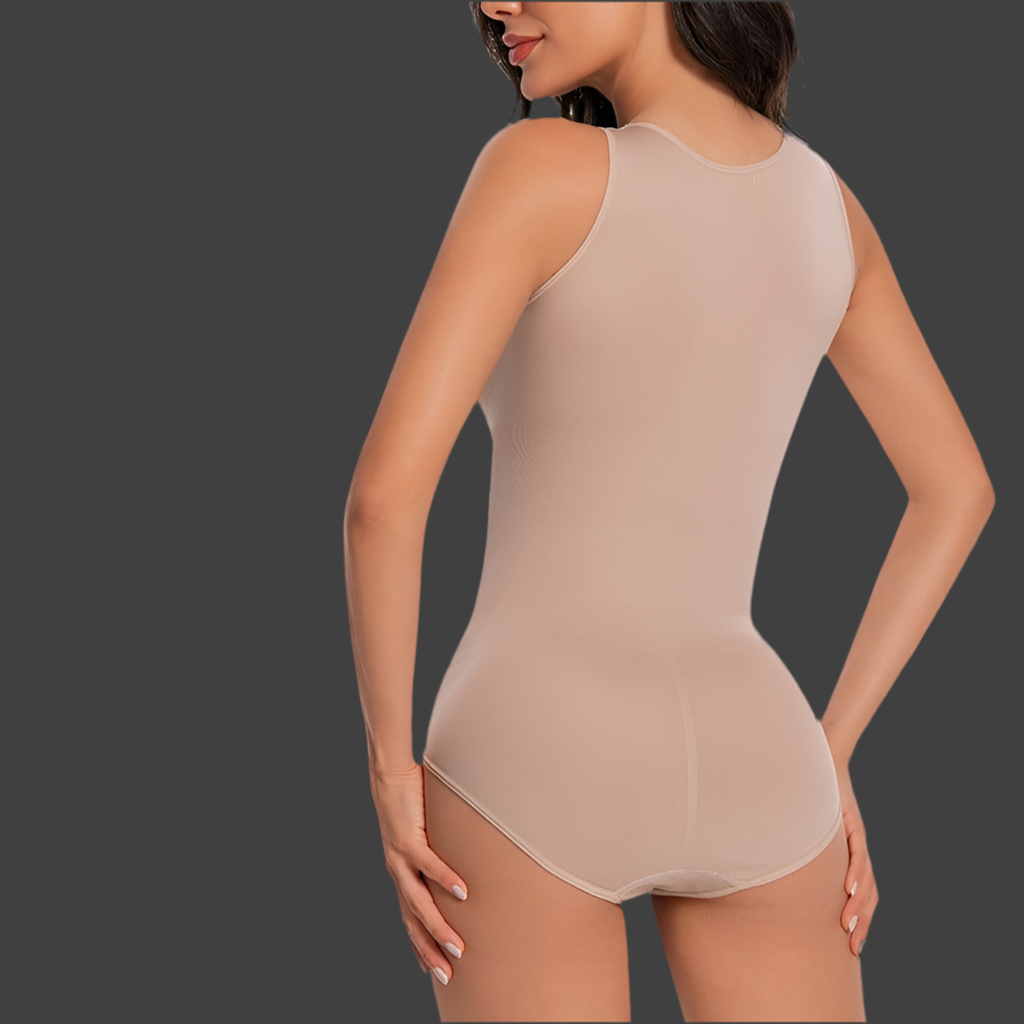 Beige bodysuit worn by a model on a dark background