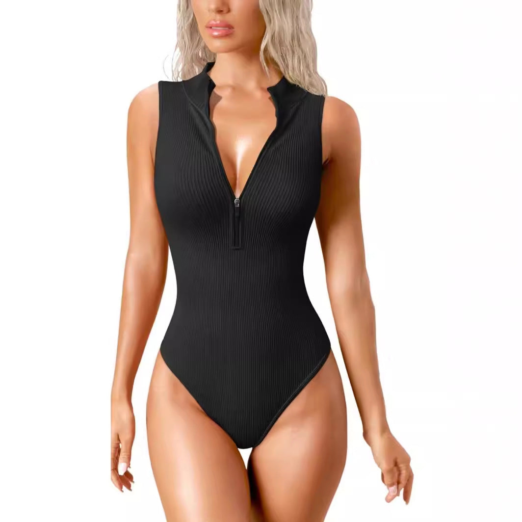 European And American Cross-border 2024 Amazon Summer Jumpsuit Sexy Rib Stretch Sleeveless Front Zipper One-piece Triangle Suit