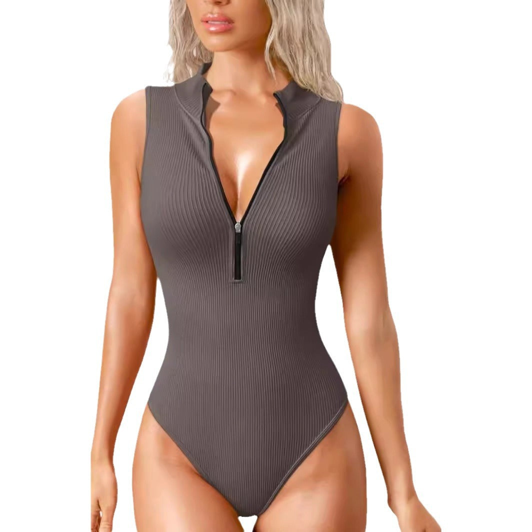 European And American Cross-border 2024 Amazon Summer Jumpsuit Sexy Rib Stretch Sleeveless Front Zipper One-piece Triangle Suit
