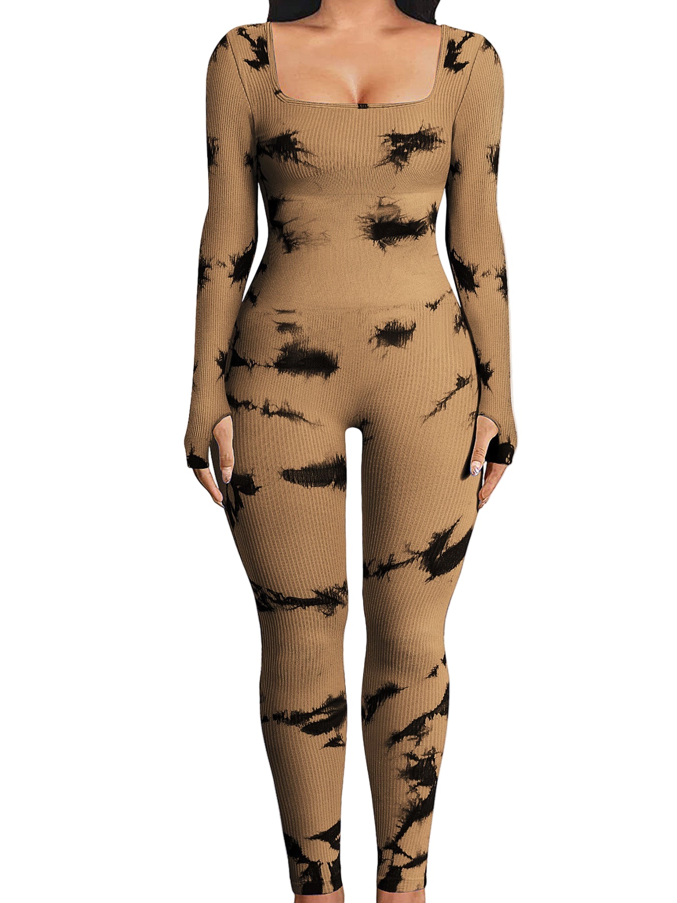 Brown ribbed jumpsuit with black abstract patterns worn by a person indoors.