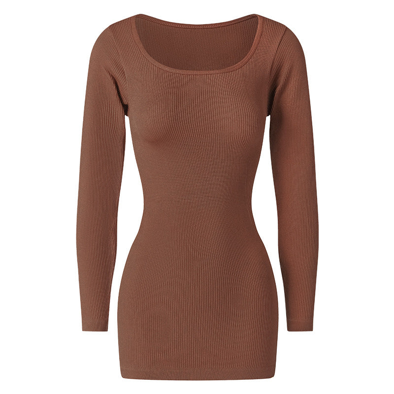 Brown ribbed long-sleeve dress on a white background