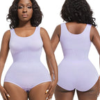 Woman wearing a light purple bodysuit shown from front and back on a white background