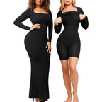 Two women wearing black bodysuits on a white background