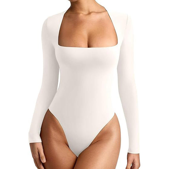 White bodysuit with long sleeves on a white background