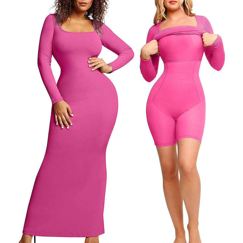 Two women wearing pink long-sleeve dresses on a white background