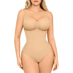 Beige bodysuit worn by a model on a white background