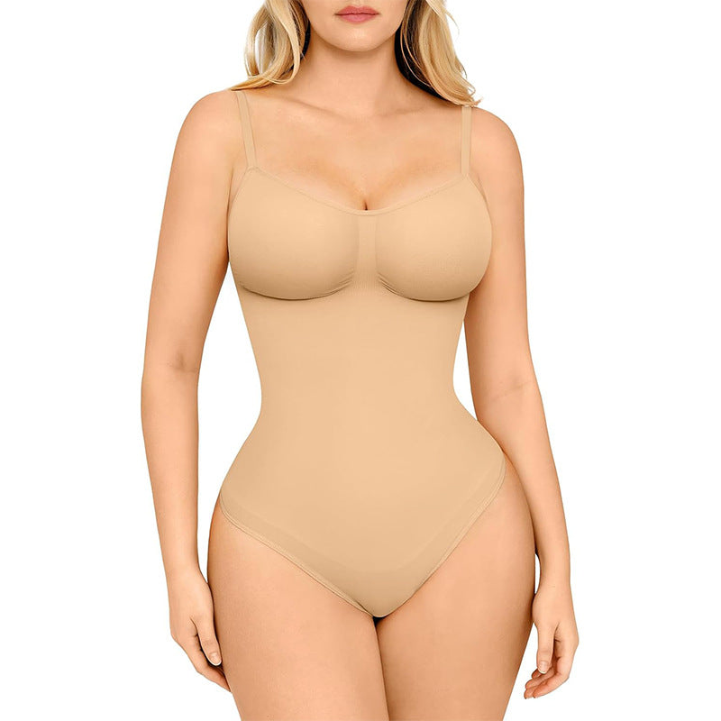 Beige bodysuit worn by a model on a white background