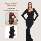 Woman wearing a black long-sleeve dress with text highlighting high-elastic material, comfort, and relaxation.