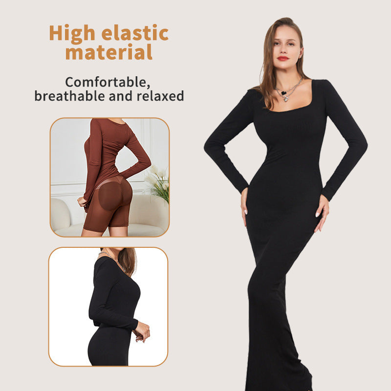 Woman wearing a black long-sleeve dress with text highlighting high-elastic material, comfort, and relaxation.