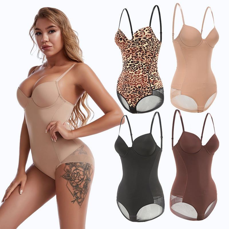 Woman modeling a beige bodysuit with leopard print, black, and brown bodysuits displayed on a white background.