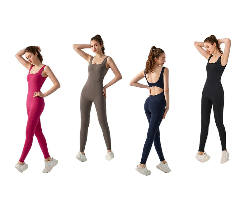 Four women modeling different colored bodysuits on a white background