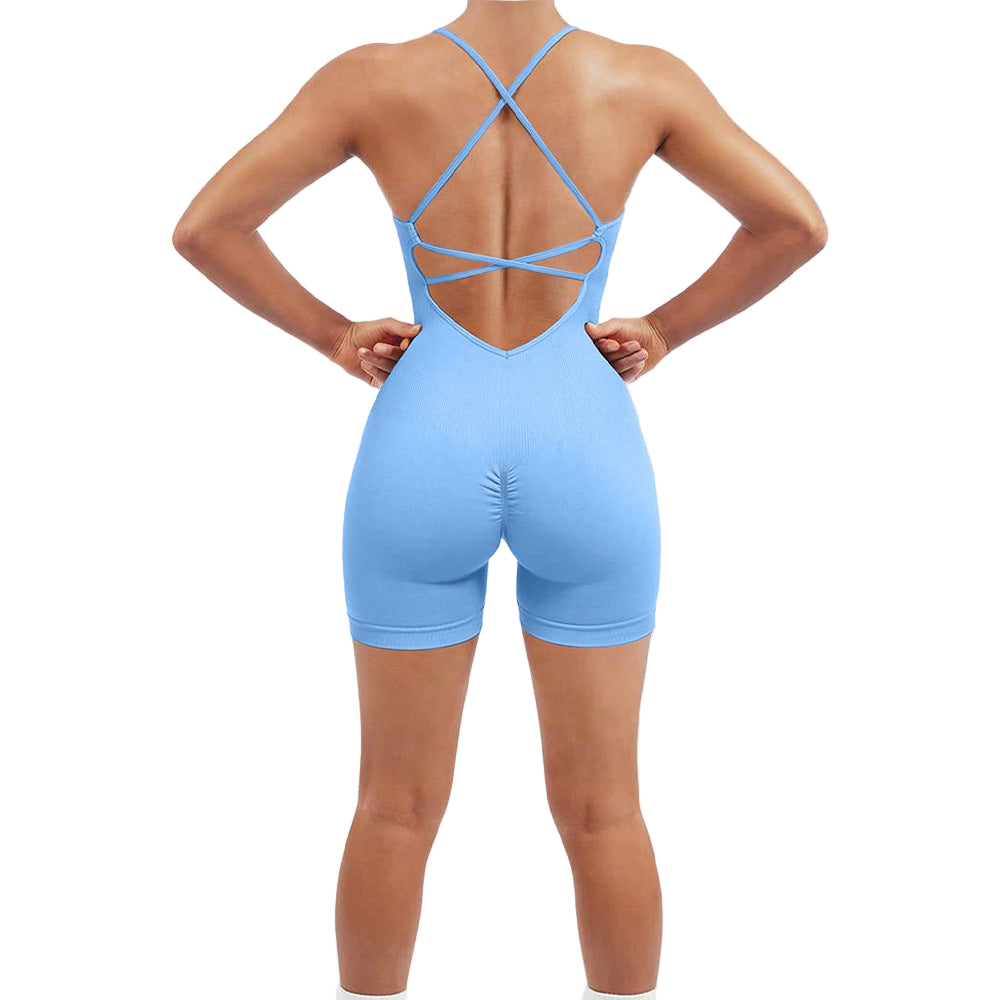 Light blue bodysuit with criss-cross back design on a plain background