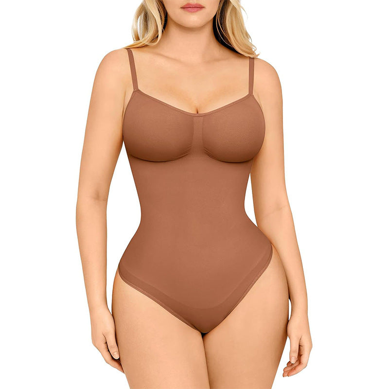 Brown bodysuit worn by a model on a white background