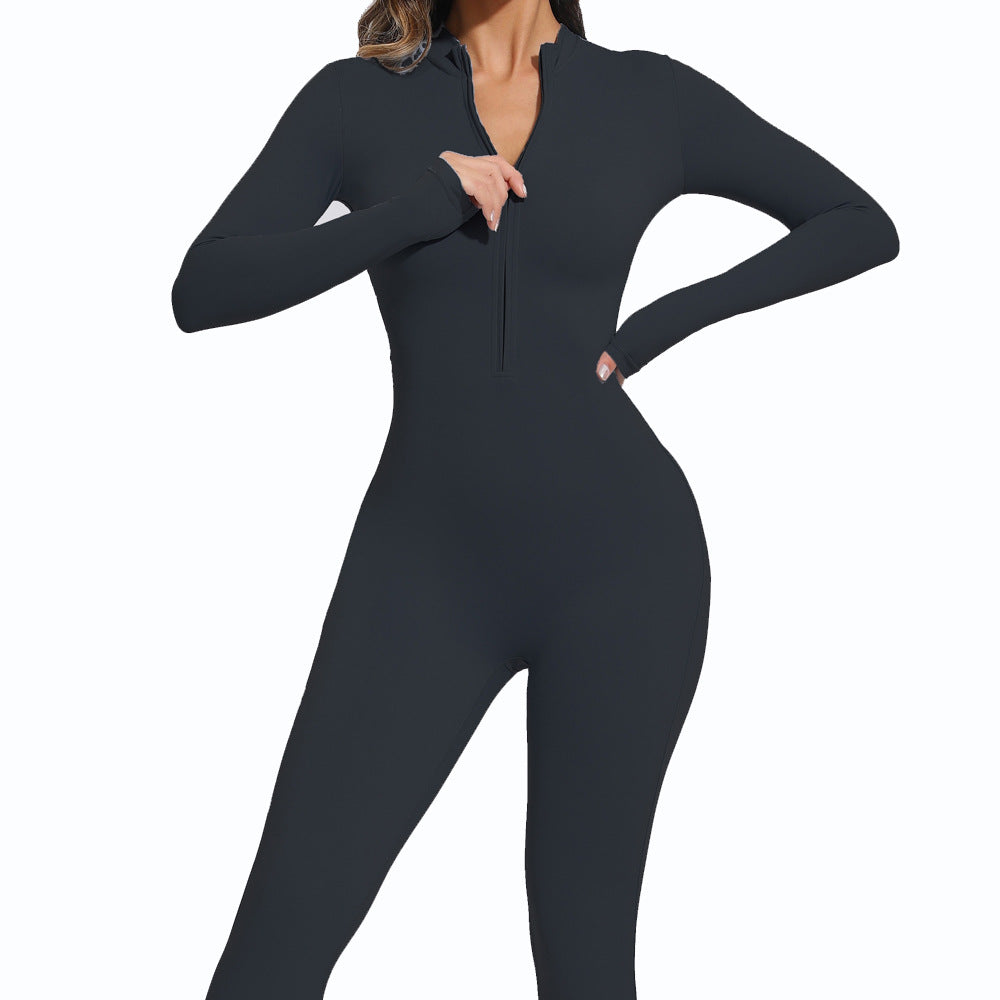 Black bodysuit worn by a model on a white background