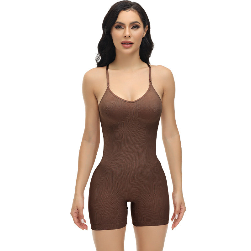 Woman wearing a brown bodysuit against a white background