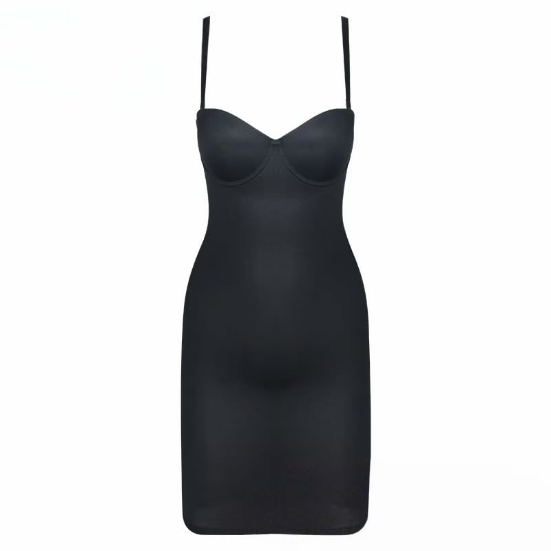 Black slip dress with thin straps on a white background