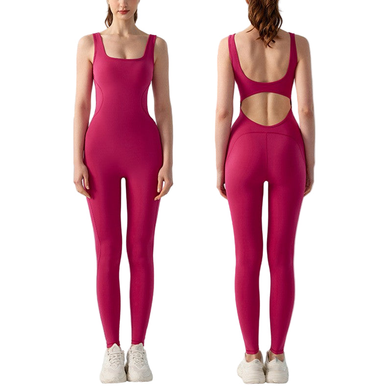 Pink jumpsuit with cutout back design on a gray background, featuring 'Wildberry' brand.