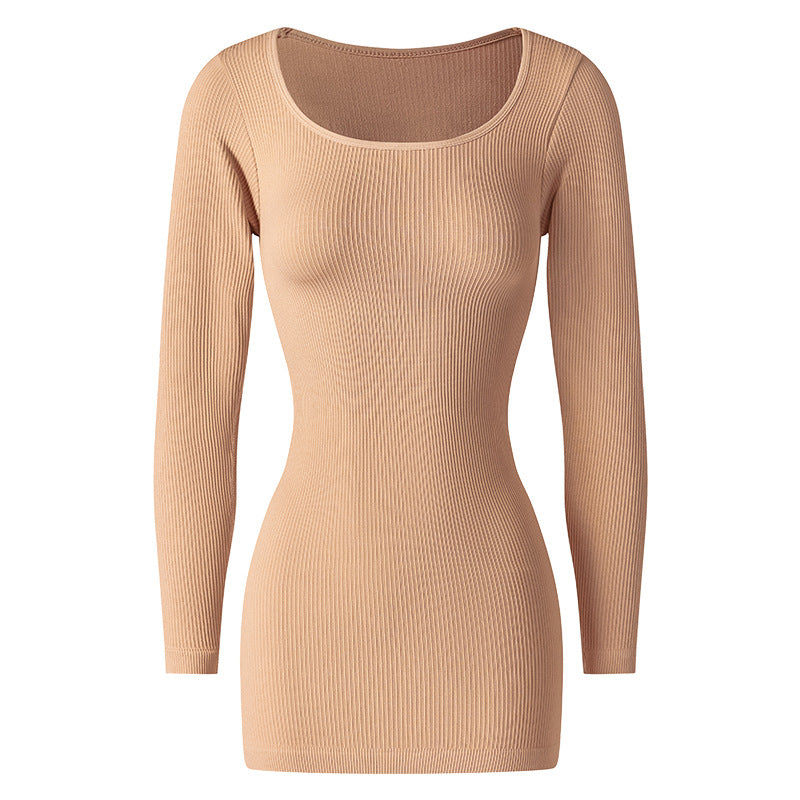 Beige ribbed long-sleeve dress on a white background