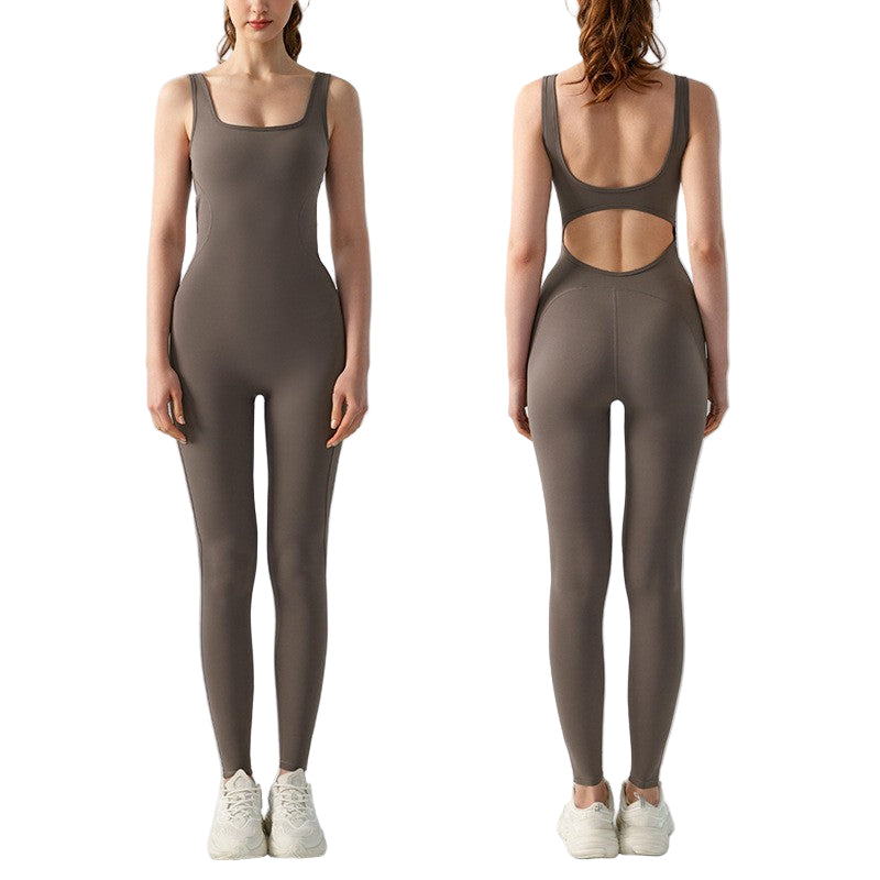 Dark brown jumpsuit shown from front and back on a white background