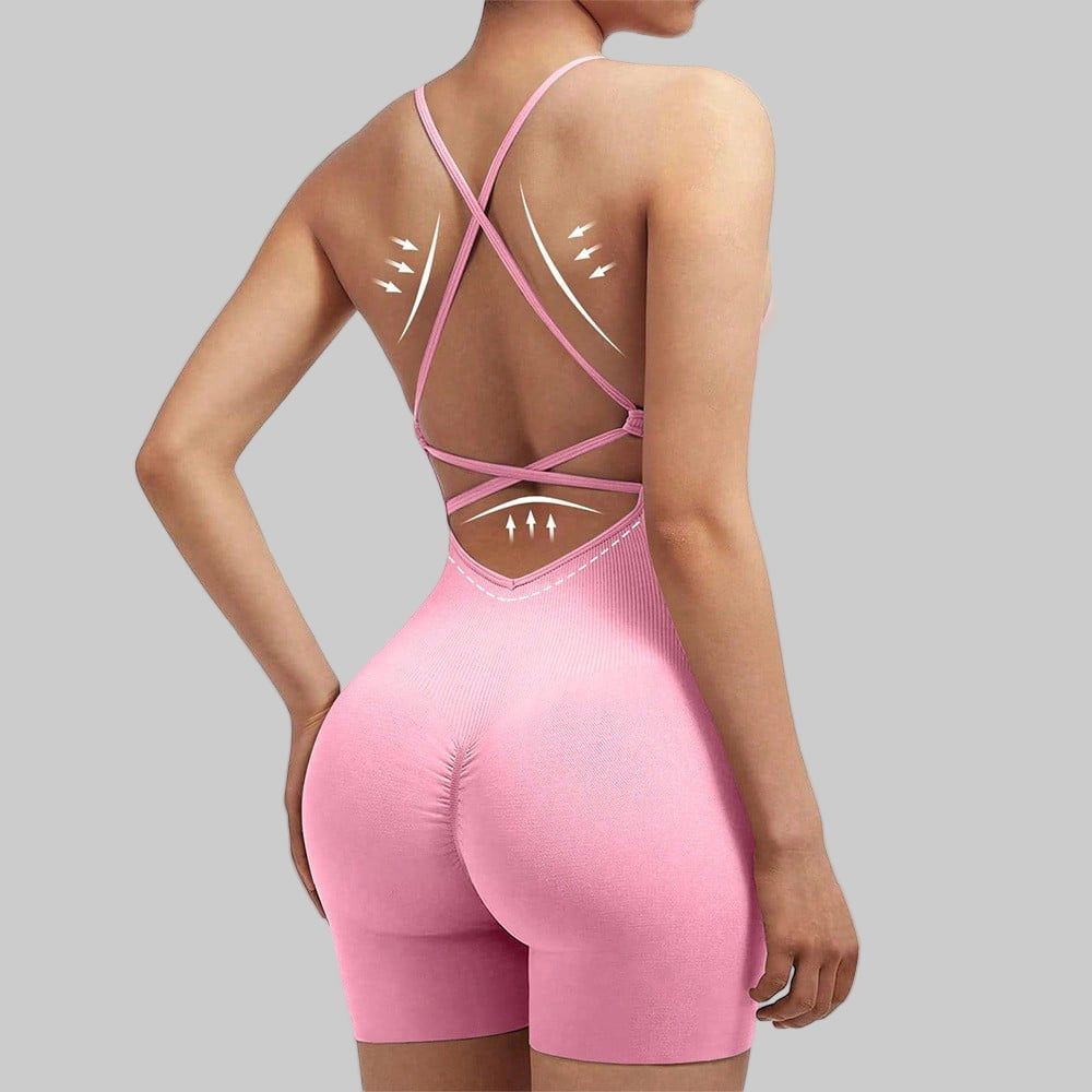 Pink open-back bodysuit on a plain background