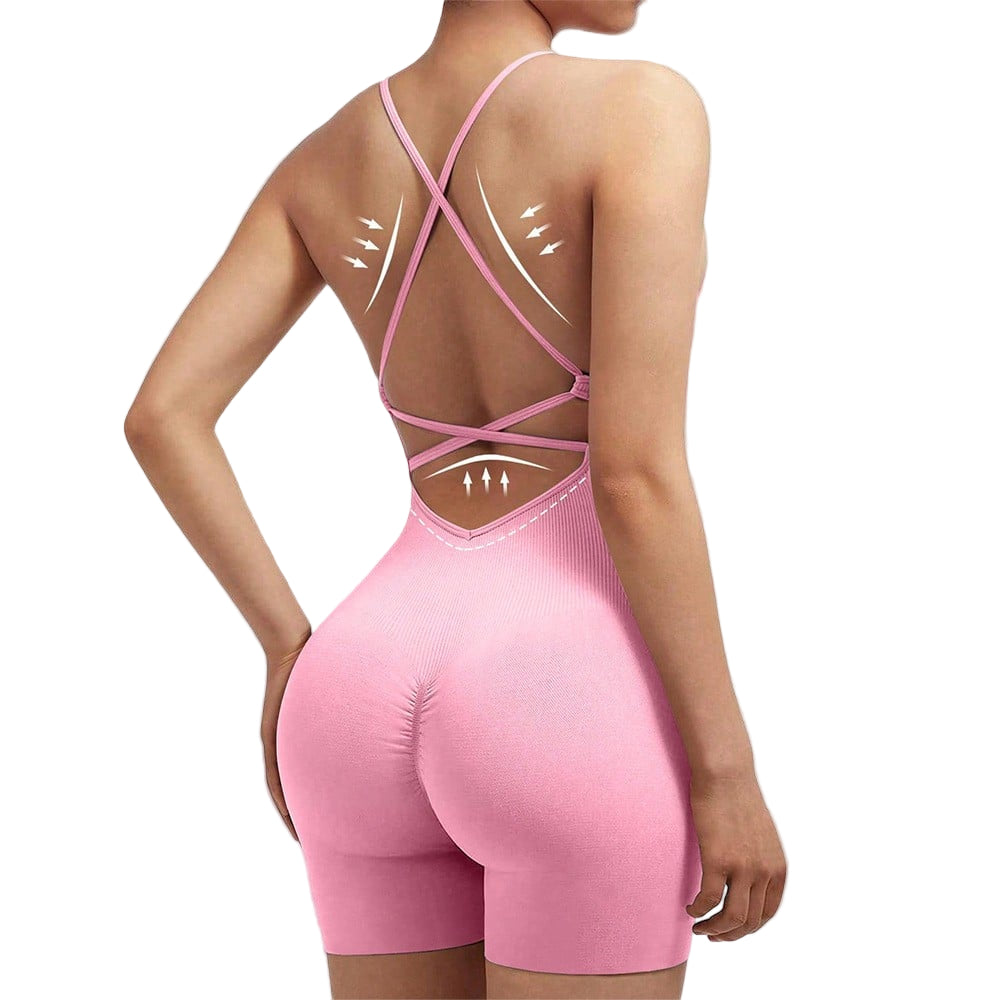Pink open-back bodysuit on a plain background