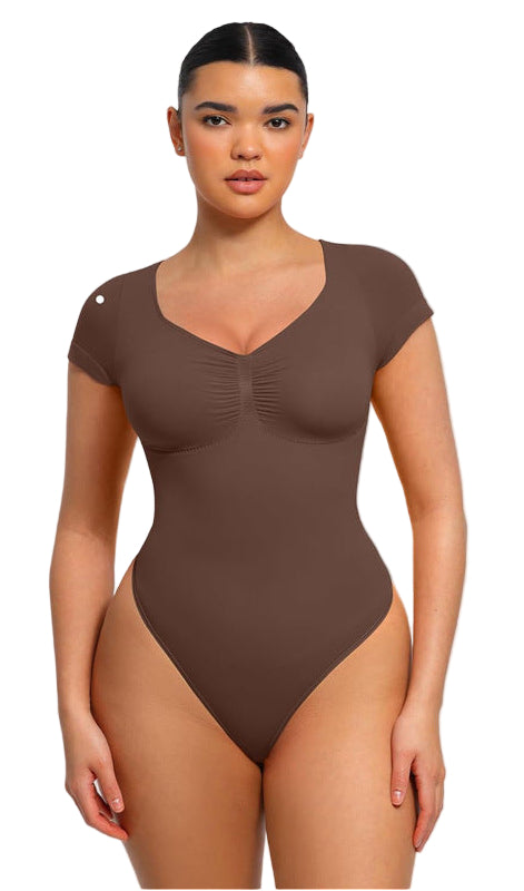 Brown bodysuit with high elasticity features on a light gray background