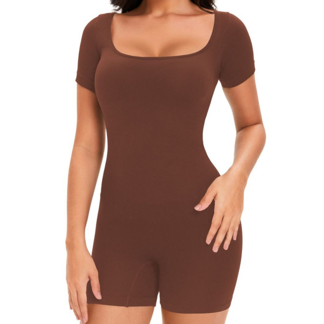 Brown bodysuit worn by a model on a white background